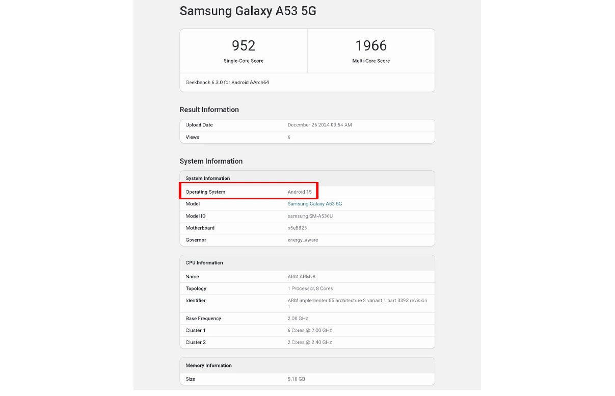 Samsung Galaxy A53 5G Android 15