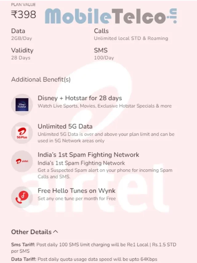 [New] Airtel ₹398 Plan: 2GB/Day, Disney+ Hotstar, Unlimited 5G Data Included