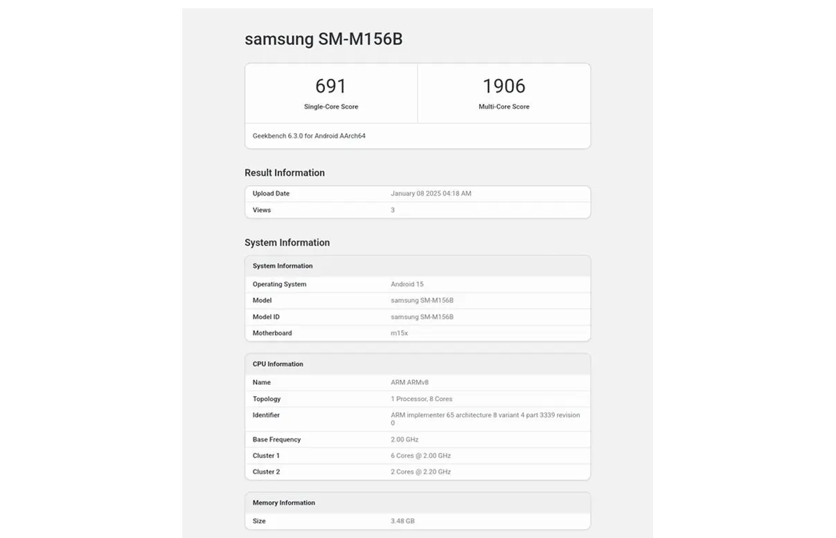 Samsung Galaxy M15 5g Geekbench
