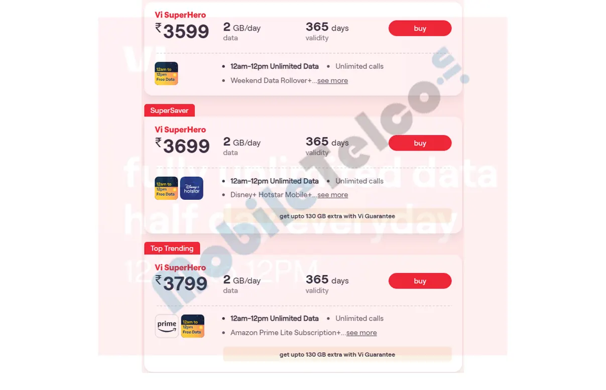 Vi Super Hero Prepaid Recharge Plan ₹3599 ₹3699 ₹3799