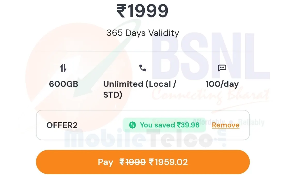 BSNL Plan ₹1999 Prepaid Recharge STV (After Discount)
