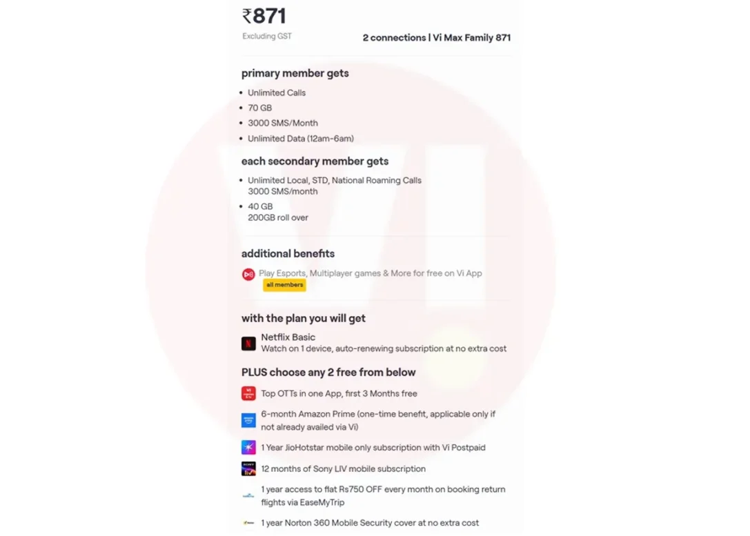 Vi Max Family Plan 871