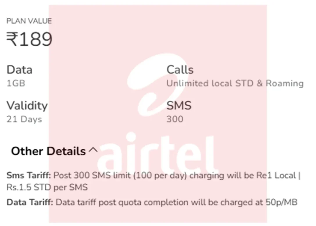 Airtel Plan 189 Prepaid Plan